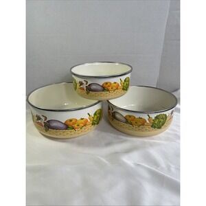 Vintage Enamelware‎ Nesting Bowls Set of 3 Rare Vegetable Basket Pattern